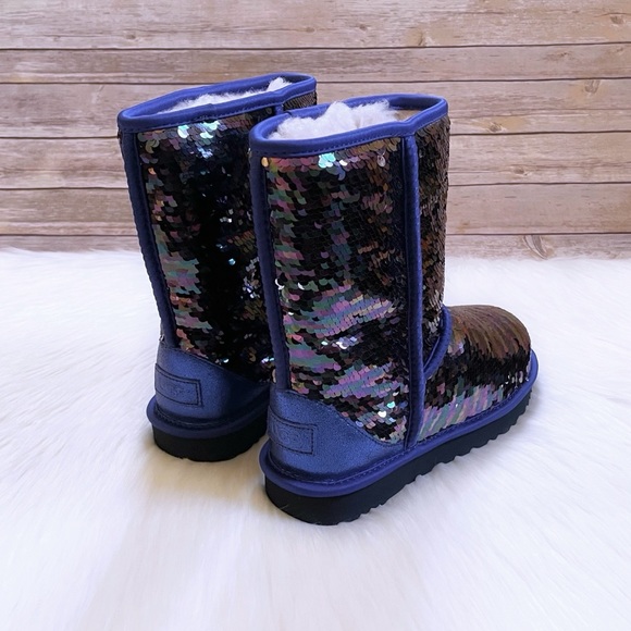 UGG Women’s Classic Short Sequin Blue Boots - Picture 2 of 9